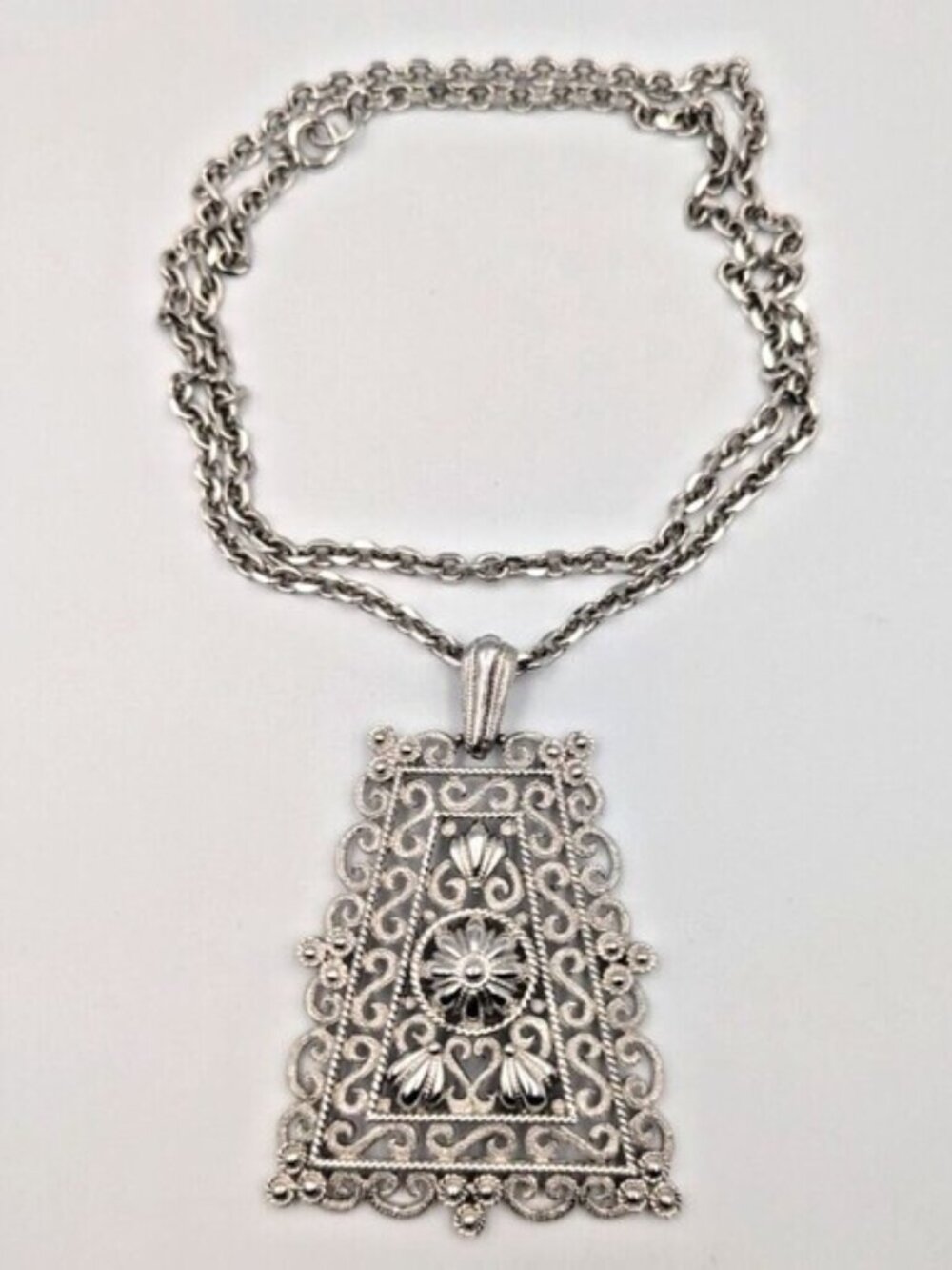 Vintage Crown Trifari Silver Tone Statement Ornate Pendant Necklace Long Chain